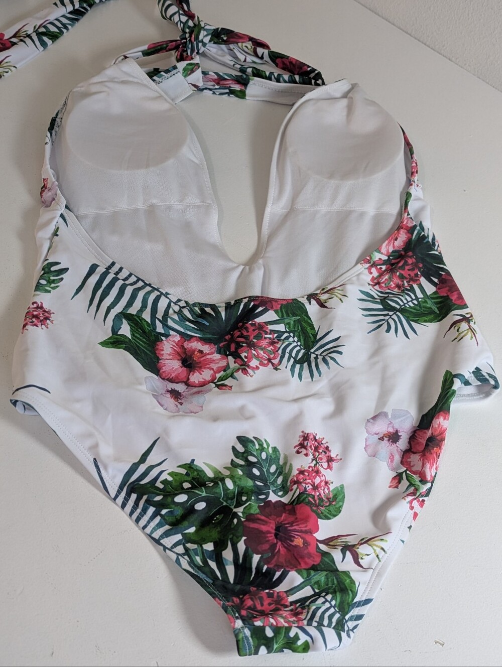 Floral Womens Swimwear Size L Halter Neck Monokini Tropical White Green Cut Out - Picture 8 of 11